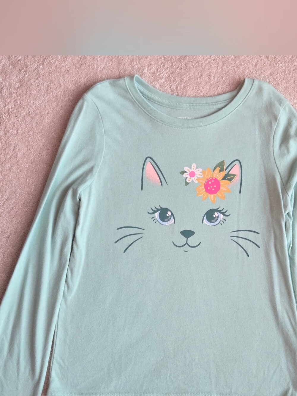 jumping beans Mint Cat Face Long Sleeve Tee with Floral Accent